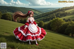 A woman in a red and white dress sitting on a window sill.