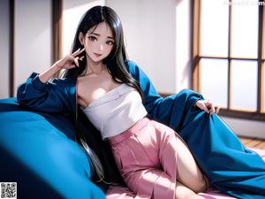 A woman in a traditional chinese dress sitting on the floor.