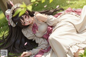 A woman in a dress and hat sitting on a bench.