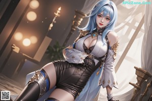 A woman with long blue hair standing in front of a building.