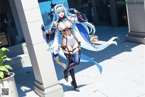 A woman with long blue hair standing in front of a building.