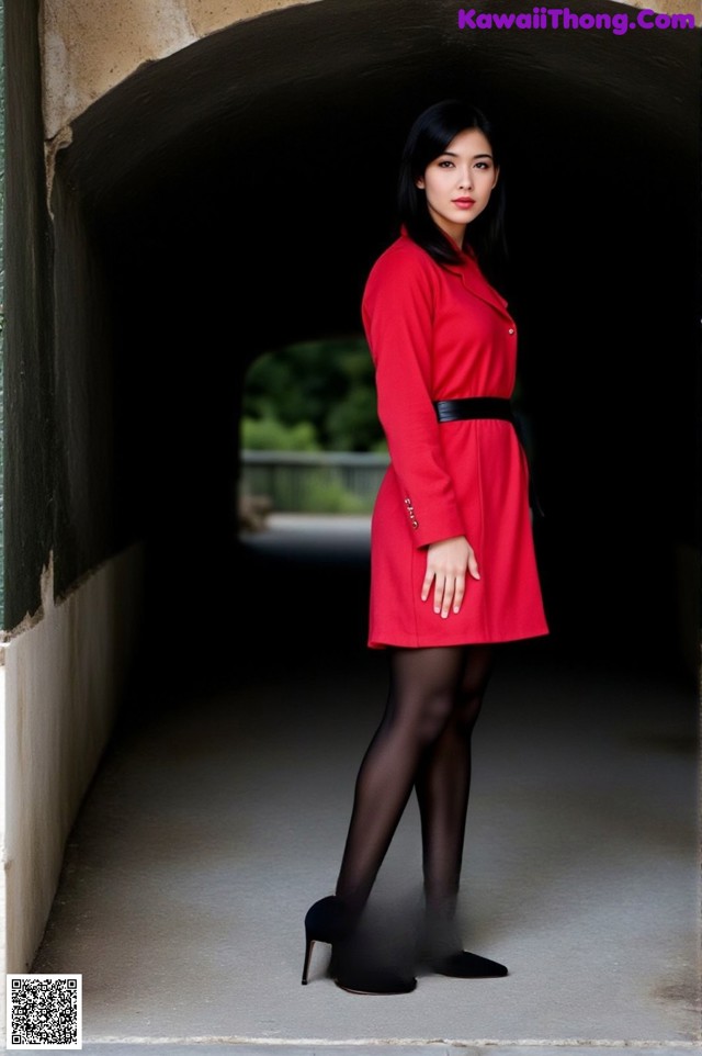 A woman in a red coat is standing in a tunnel.