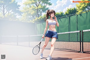 A woman holding a tennis racket in front of a fence.