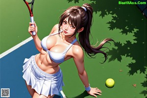 A woman in a bikini holding a tennis racket.