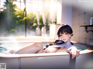 A woman in a white lingerie sitting on a couch.