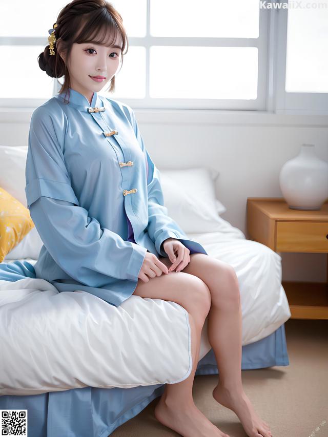 A woman sitting on a bed in a blue dress.