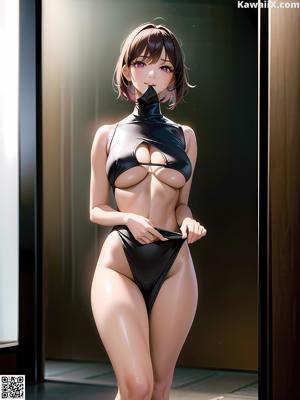 A woman in a black bikini standing in front of a door.