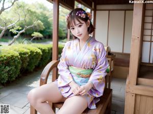 A woman in a blue kimono posing for the camera.